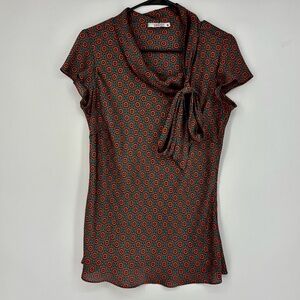 Gorgeous Womens Sz 40 US 8 Pullover Blouse Teal Orange Geometric Floral Pussybow